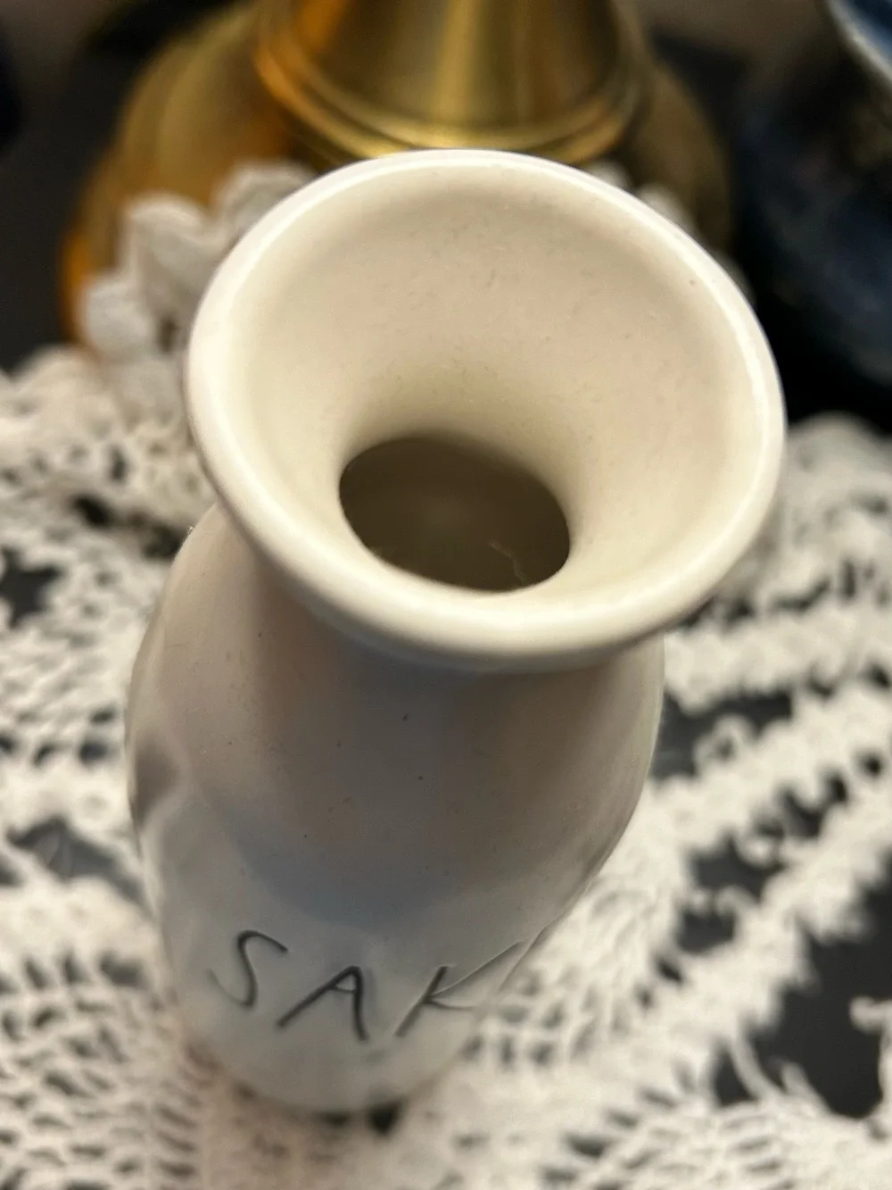 Rae Dunn SAKE Ceramic Accent Vase in White with Black Lettering